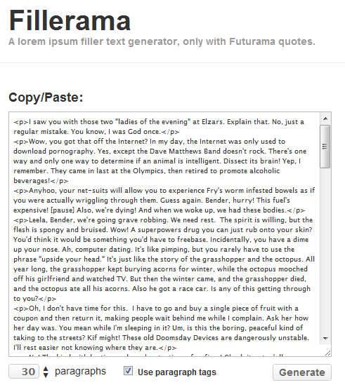 Fillerama: Generate Filler Text With Futurama Quotes