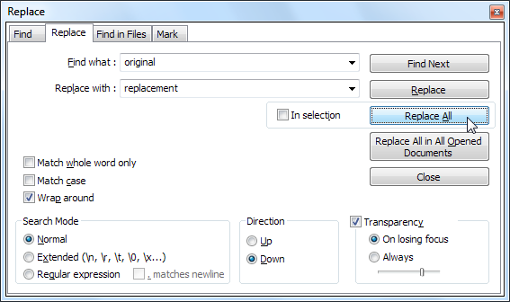 C find file. Replace dialog c#. Notepad++ search Mode → Regular expression). Note++. New line in c.