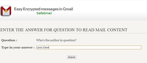 Интерфейс SafeGmail — ввод контрольного вопроса