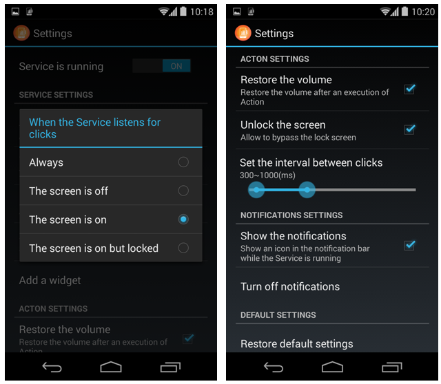 Paramètres de QuickClick montrant options d'écoute et d'intervalle