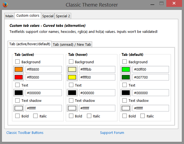 Настройка цветов вкладок: активная, наведённая, непрочитанная