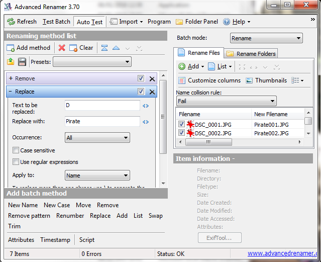 Rename item. Программа для пакетного переименования файлов. Advanced Renamer. Batch Mode. Batch Windows.