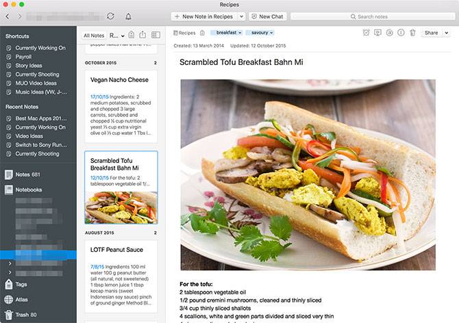 Evernote interface on Mac