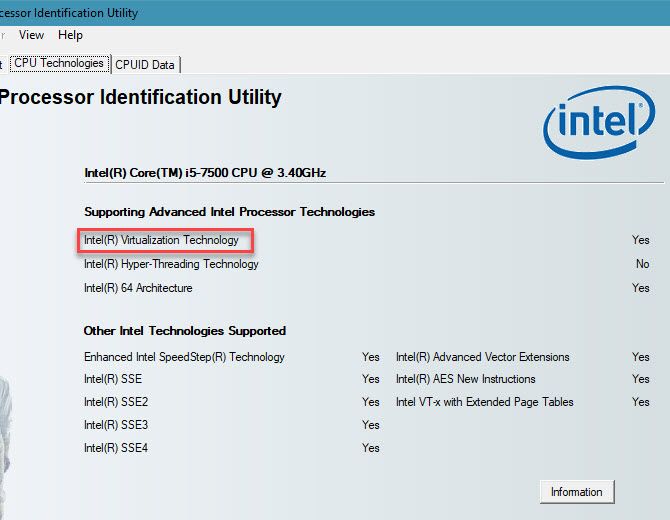 Intel processor identification utility. Intel Virtualization Technology.