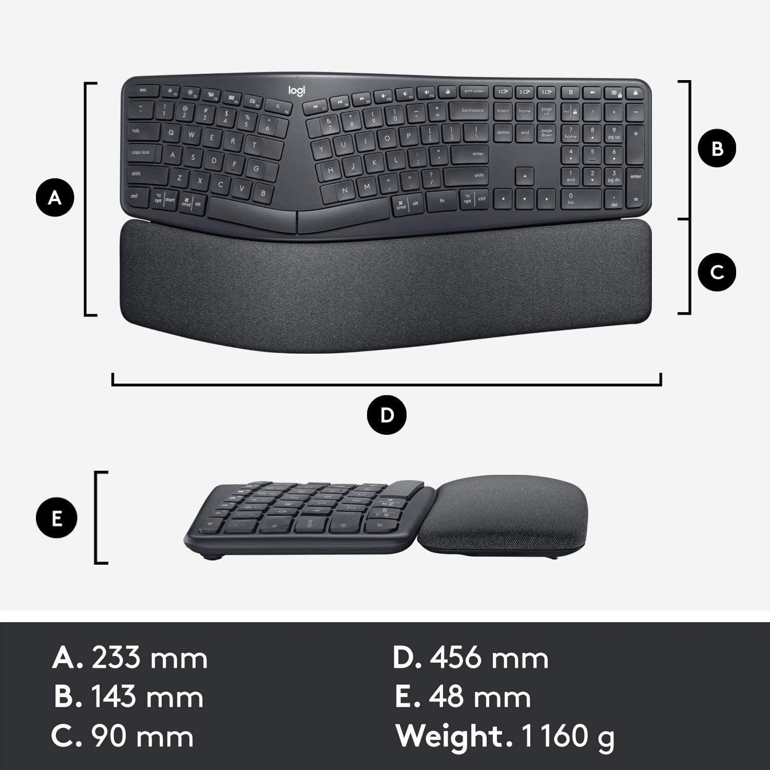 Logitech Ergo K860 Wireless Ergonomic Keyboard with Wrist Rest dimensions