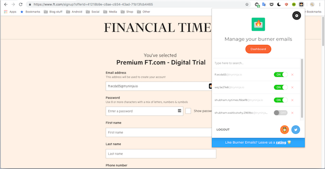 Burner Emails Google Chrome Extension