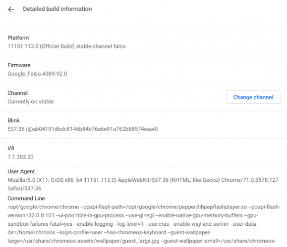 chrome build information screen