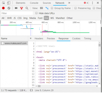 Inspect web request response html using Google Chrome