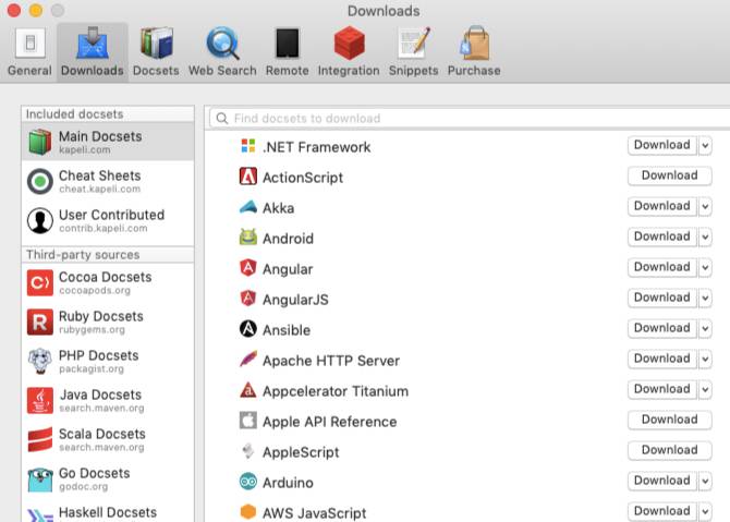 Download docsets from app settings in Dash on Mac