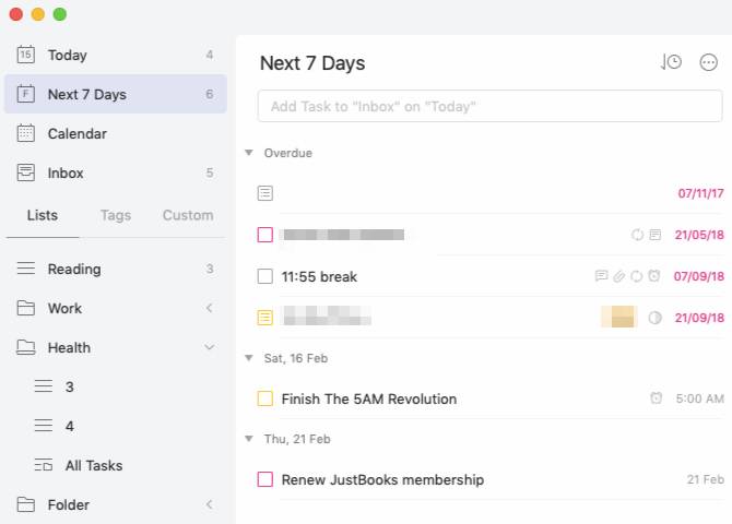 weekly overview in TickTick task manager app on macOS