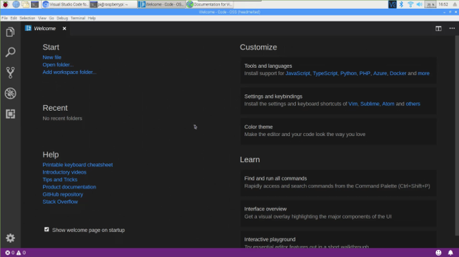 The welcome screen for VS code, or in this case Code-OSS.