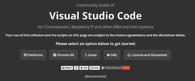 Image of the Headmelted site for linux and chromebook builds of VS Code