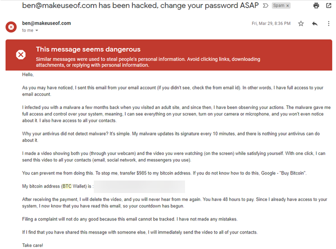 Adult Website Email Scam: Don't Give Bitcoin to Thieves