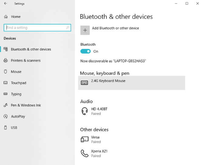 Bluetooth settings Windows 10