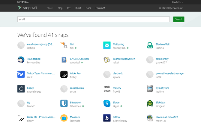 A search for email apps in the Snap Store