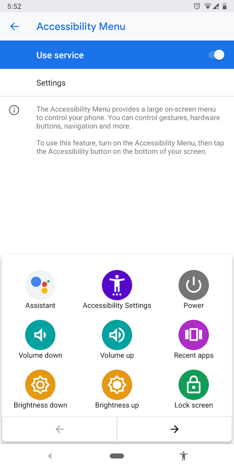 Android accessibility menu