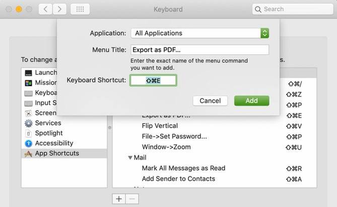 All Application Shortcut for Export as PDF Mac