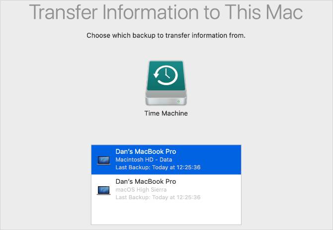 Migration Assistant Time Machine backup selection window
