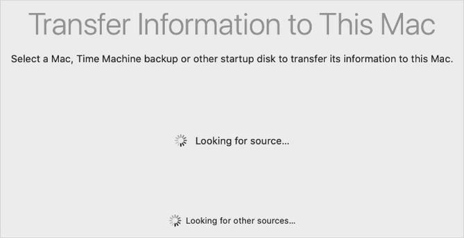 Migration Assistant window searching for Time Machine drive and backups