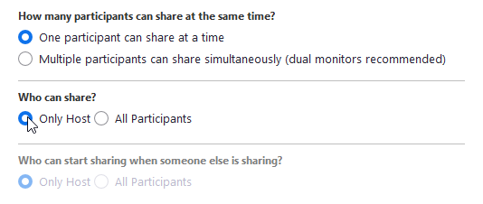 Setting screen sharing privileges to host only on Zoom