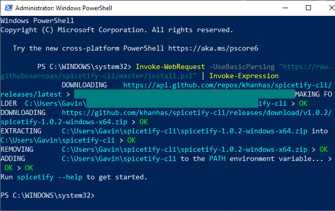 Run command powershell. Spicetify. Invoke-Command.