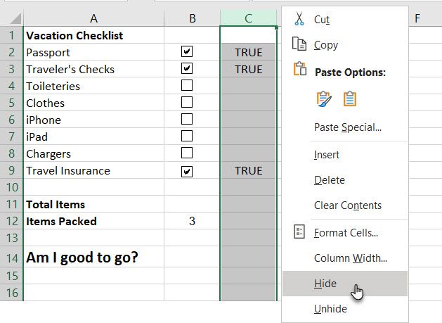 So erstellen Sie eine Checkliste in Microsoft Excel - Excel Hide True Column