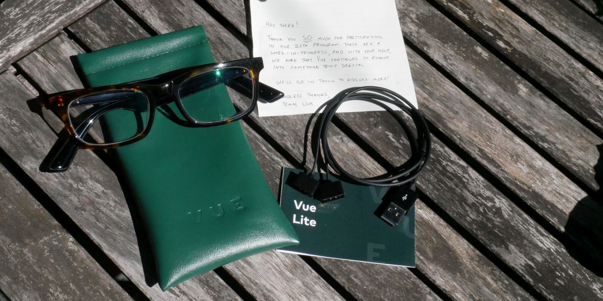 Vue Lite glasses and accessories with handwritten note
