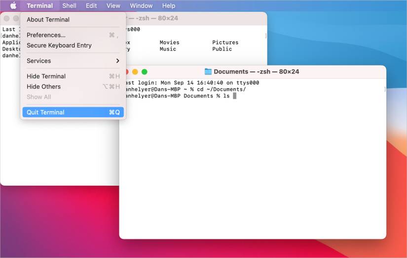Quit Terminal option from Mac menu bar