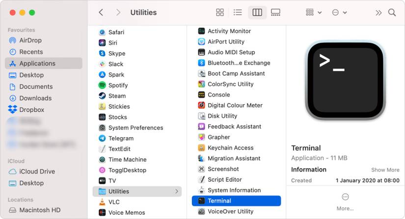 Terminal in Applications folder in Finder