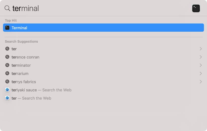 Terminal in Spotlight on Mac
