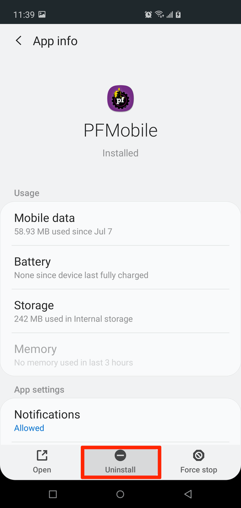 Uninstalling Android App
