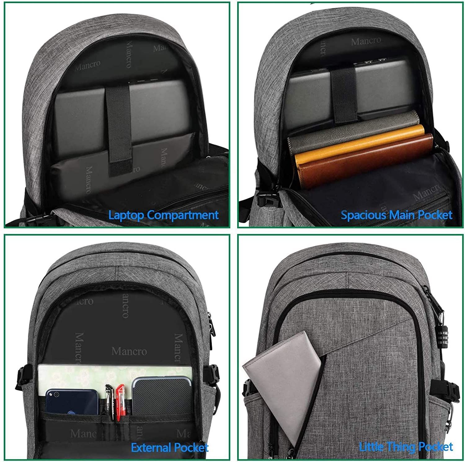 Mancro Travel Computer Bag compartments