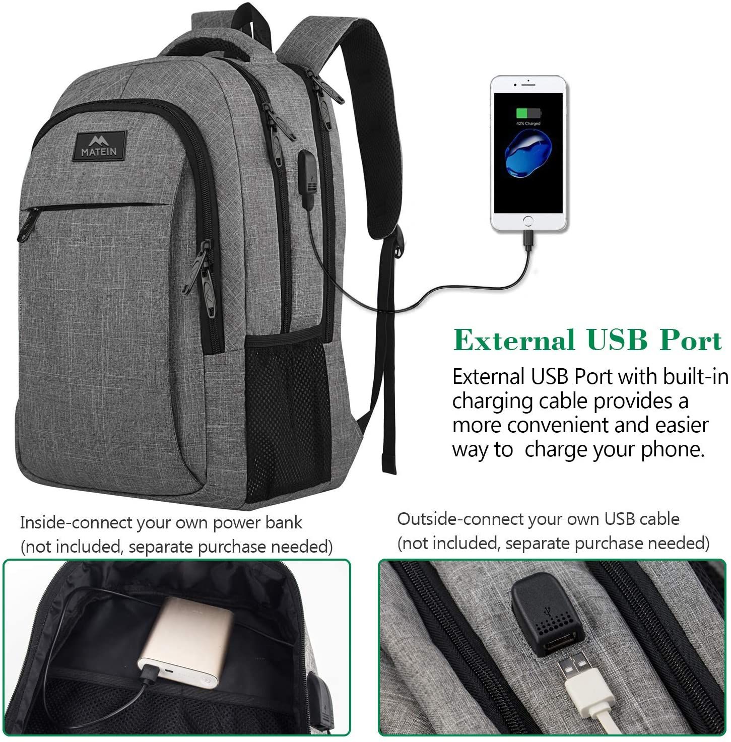 Matein Travel Laptop Backpack USB cable