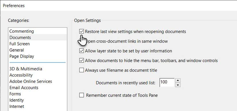 Preferences in Adobe Acrobat Reader