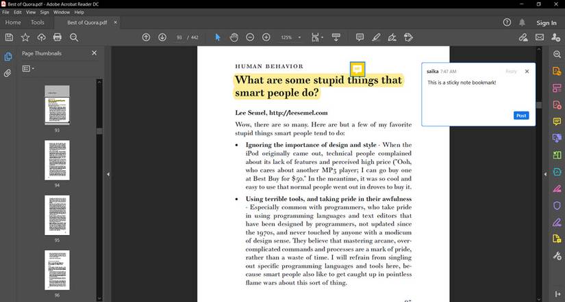 Sticky Note Bookmark in Adobe Reader