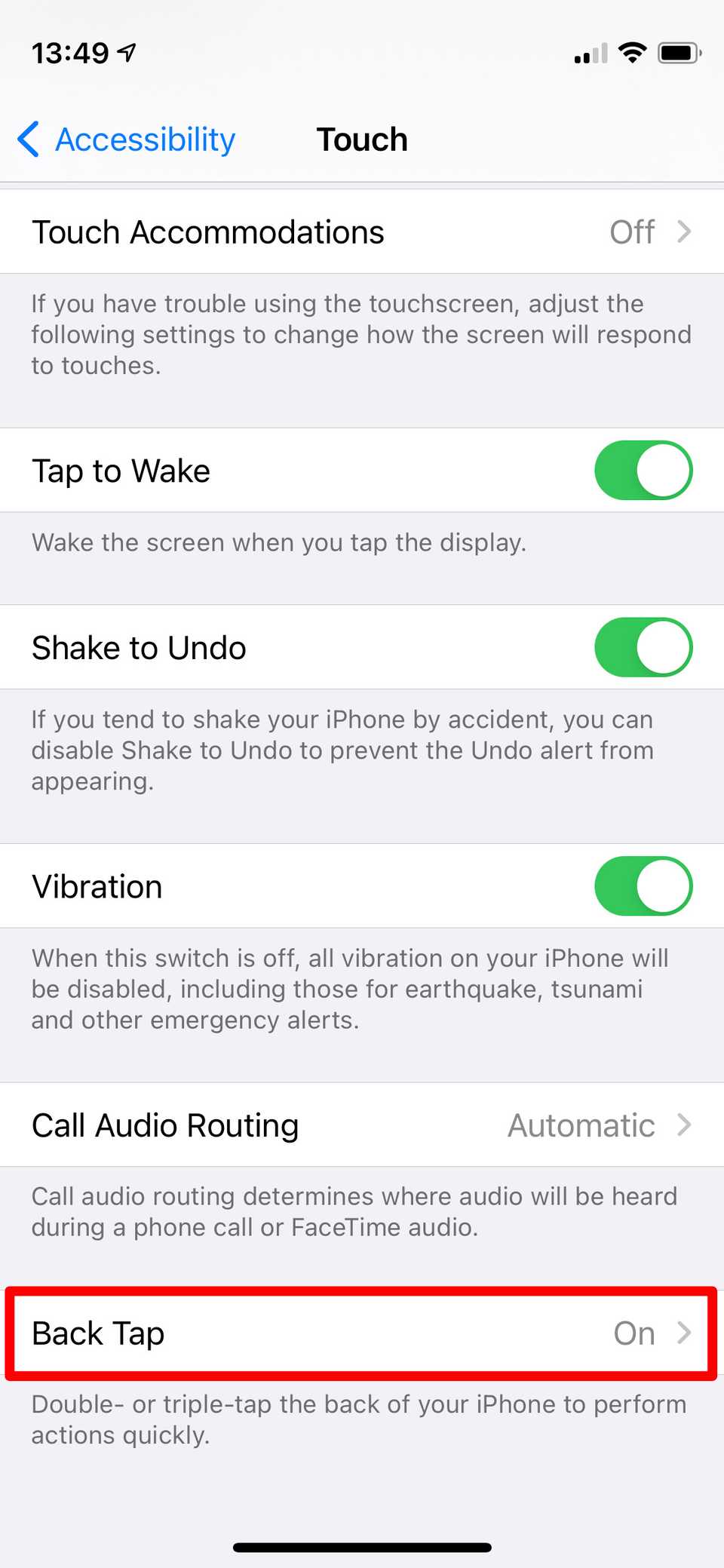 Touch Accessibility settings highlighting Back Tap option