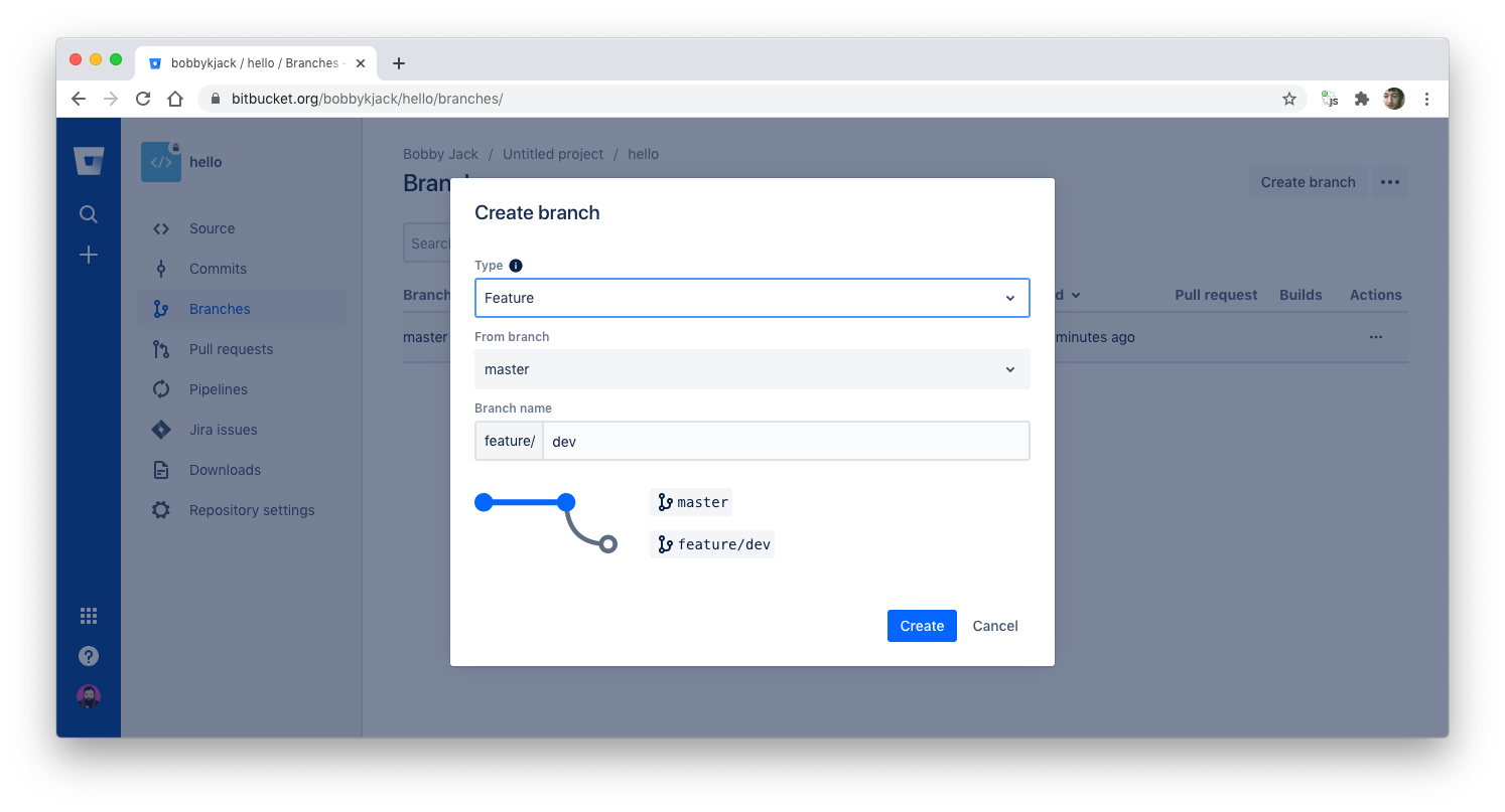 Create новый. Bitbucket как сделать новую ветку.