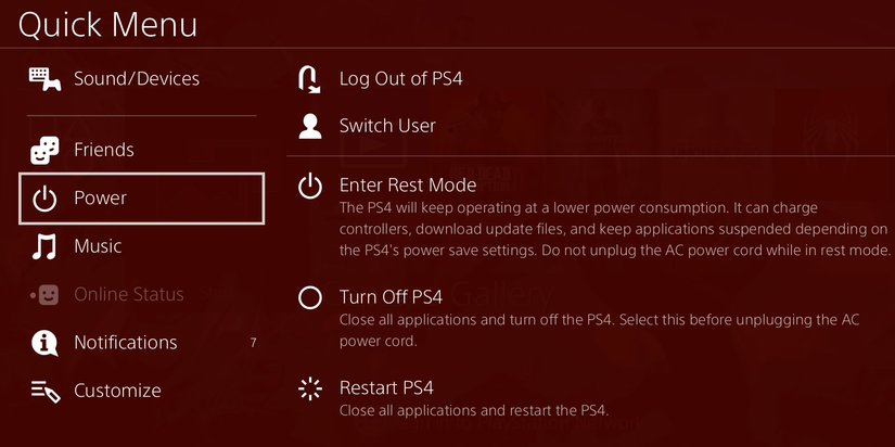 Turn a PS4 off using the Quick menu