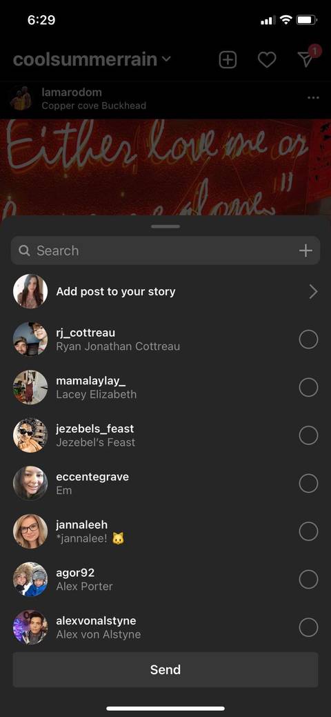 Screenshot Instagram post sharing options