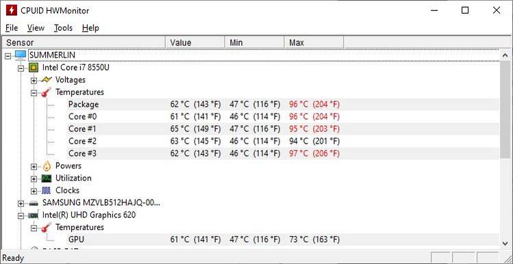 CPUID HWMonitor showing Intel Core i7 core and GPU temperatures.