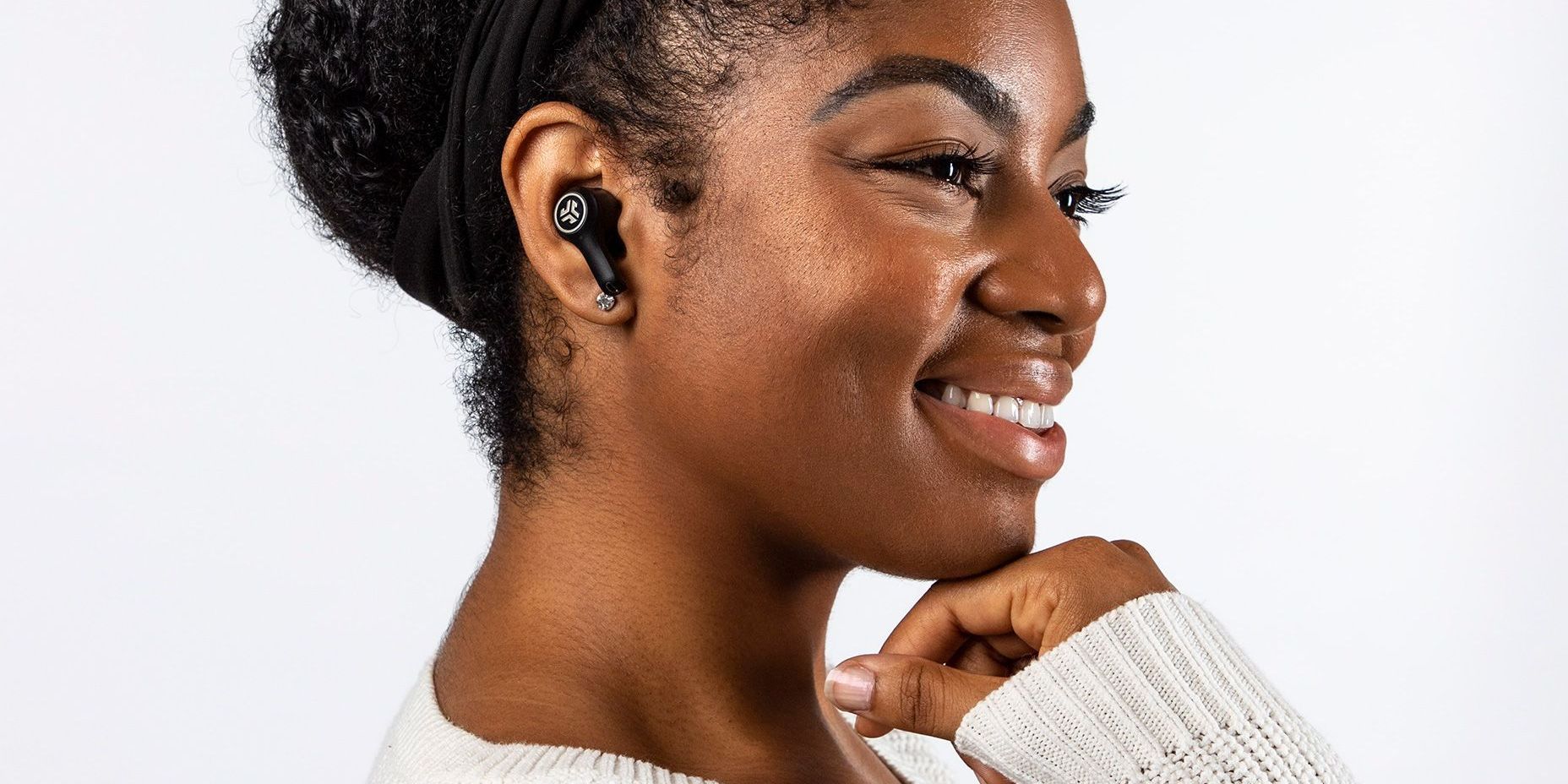 JLab Audio Epic Air ANC TWS earphones worn in right ear