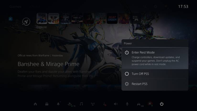 PS5 Power Menu