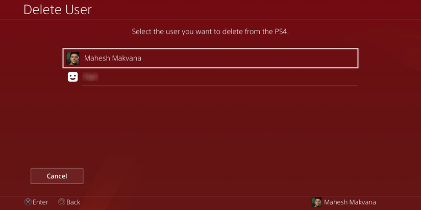 The Delete User page on the PlayStation 4