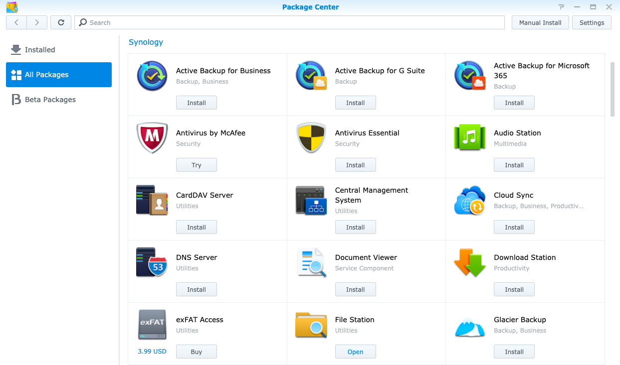 synology diskstation manager packages screen