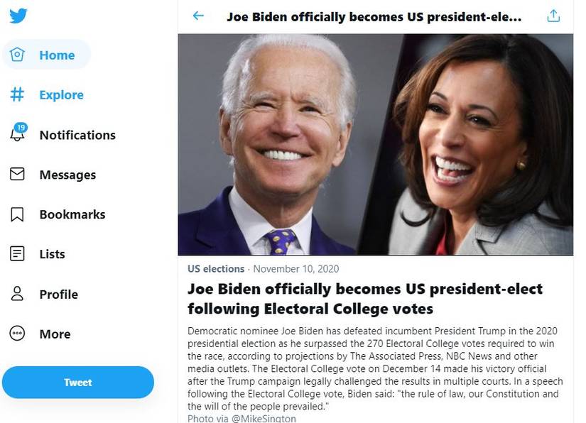 Twitter Declares Biden the Winner of the US Presidential Election
