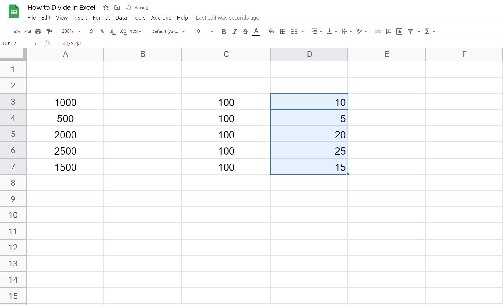 Formula division excel