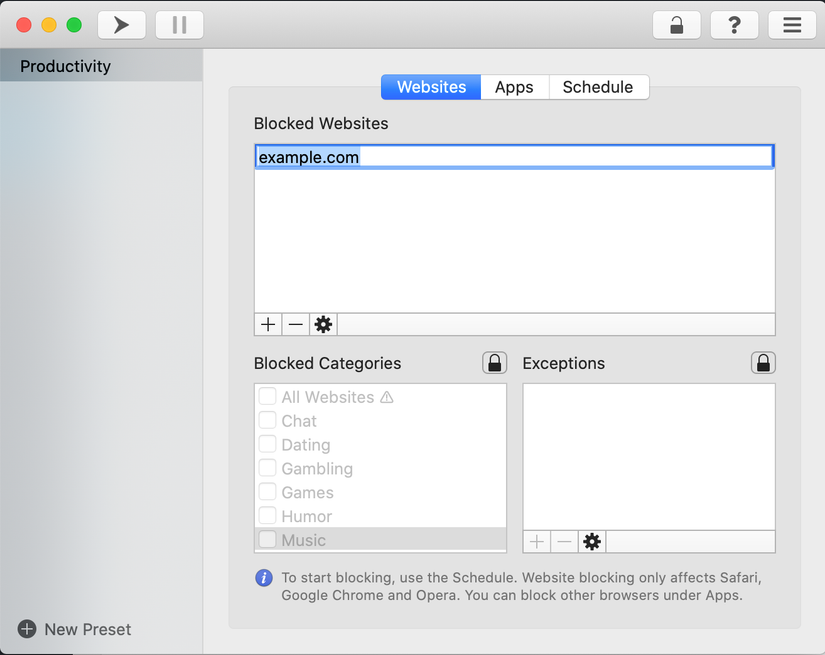 how to block a site on your Mac using 1Focus app