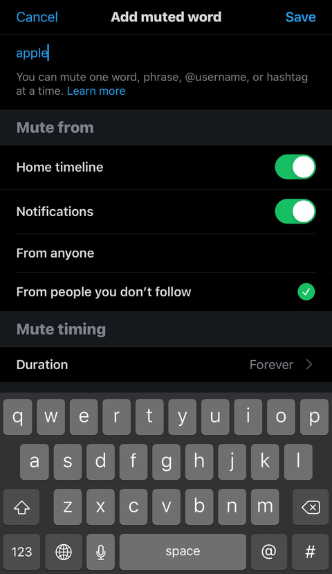 Screenshot of muting a word on Twitter