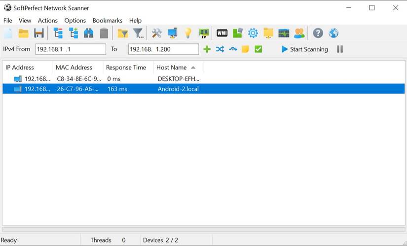 SoftPerfect Network Scanner device list