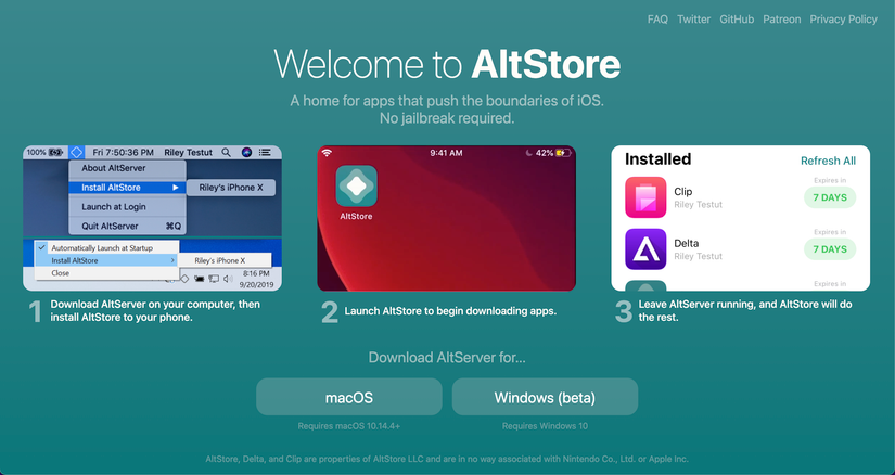 Screenshot of the AltStore website homepage